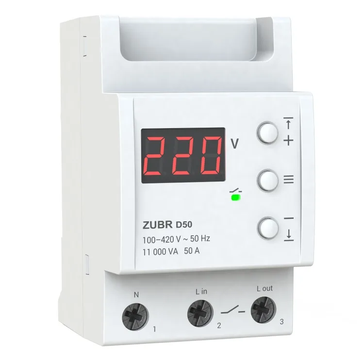 Реле напруги ZUBR D50 (50А, підключ. низ, 3 Din, контроль/демонстація напруги)