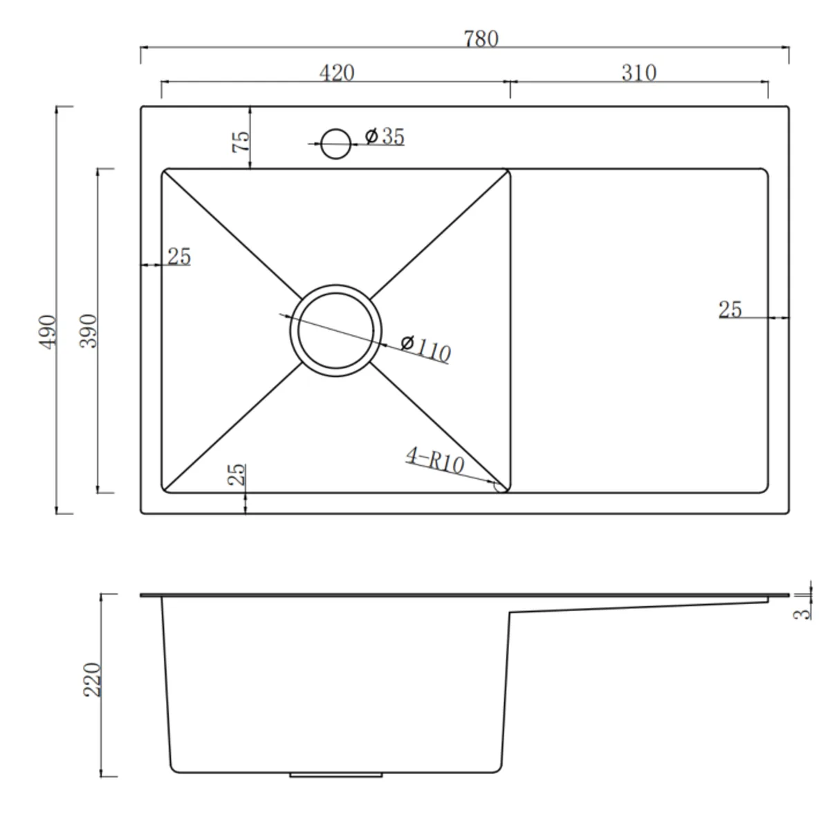 Мийка для кухні інтегрована VENTA Black 780×490 BVM7849B