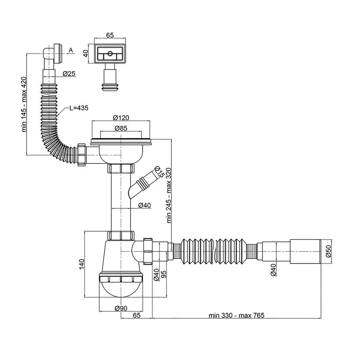 Сифон для мийки PLM 3 1/2"x40 без випуску/з гофротрубою 40×40/50 PM 40 SF 20 06