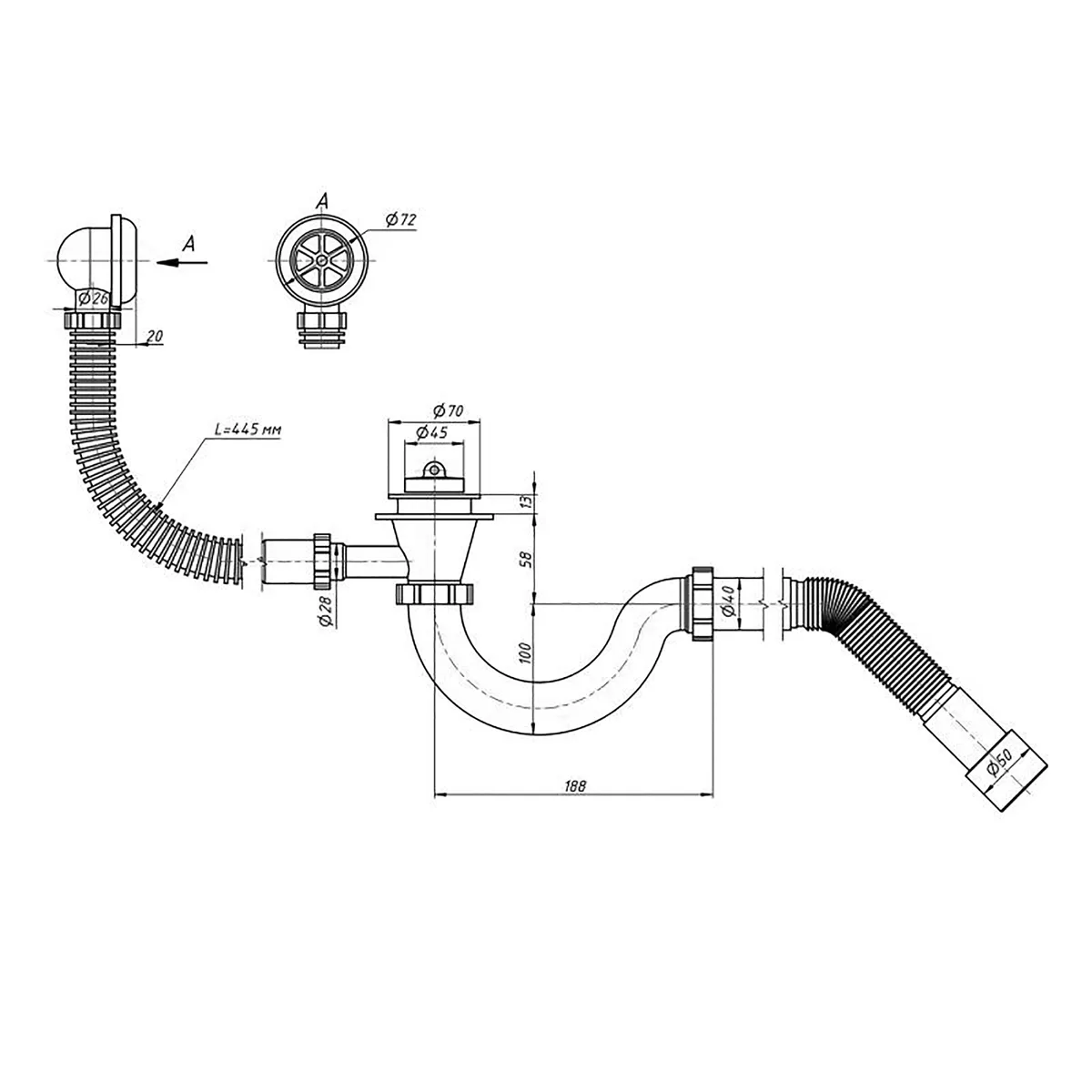 Сифон для ванни PLM з випуском 1 1/2" перелі та гофр 40×40/50 PM 40 SF 30 01