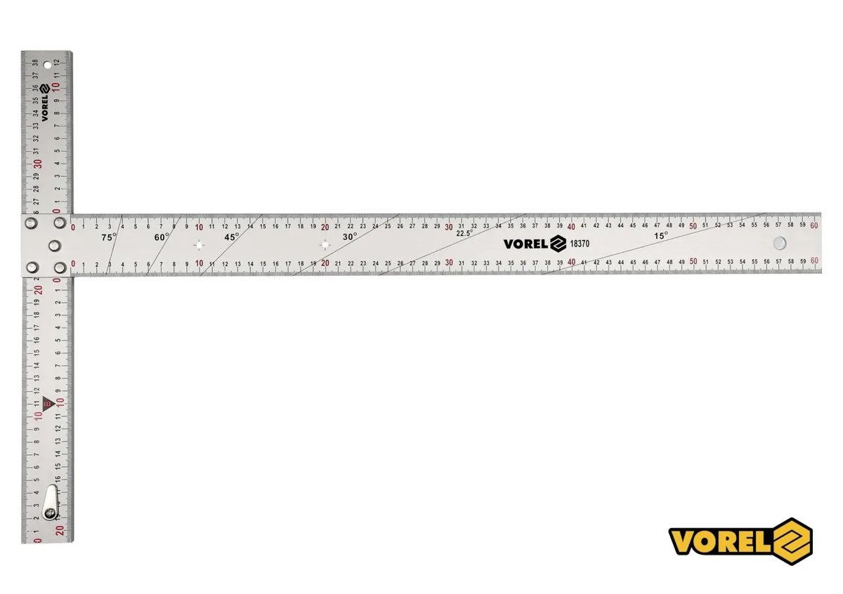 Кутник алюмінієвий VOREL: 600×390 мм, з розмітками кутів 15-75°