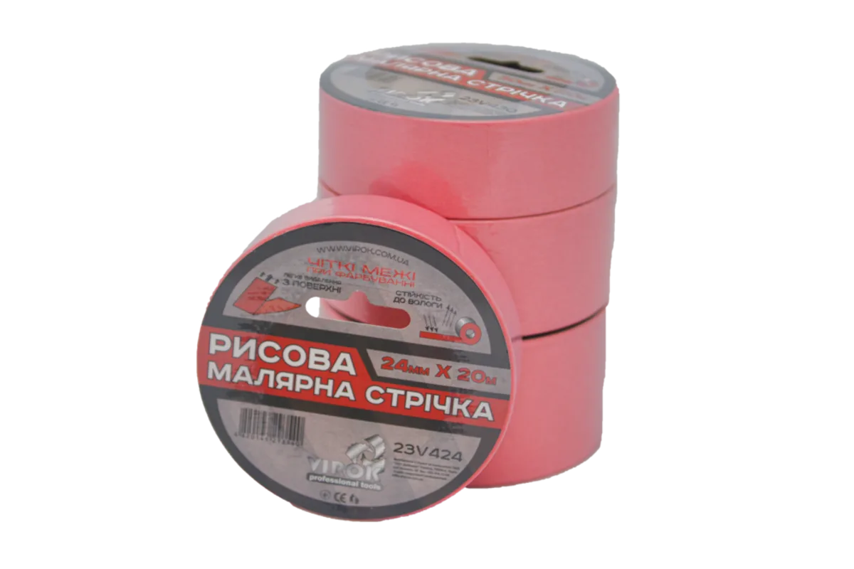 Малярна стрічка рисова 24 мм х 20 м.(Гідростійка/ ідеальний край для фарбування). рожева, VIROK
