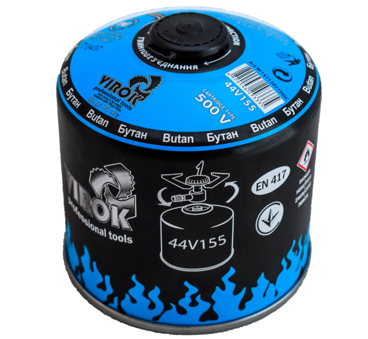 Балон газовий 1-разовий з різьбою (7/16) 500g/870ml. для плит/кемпінгу (EN417) BUTAN, VIROK