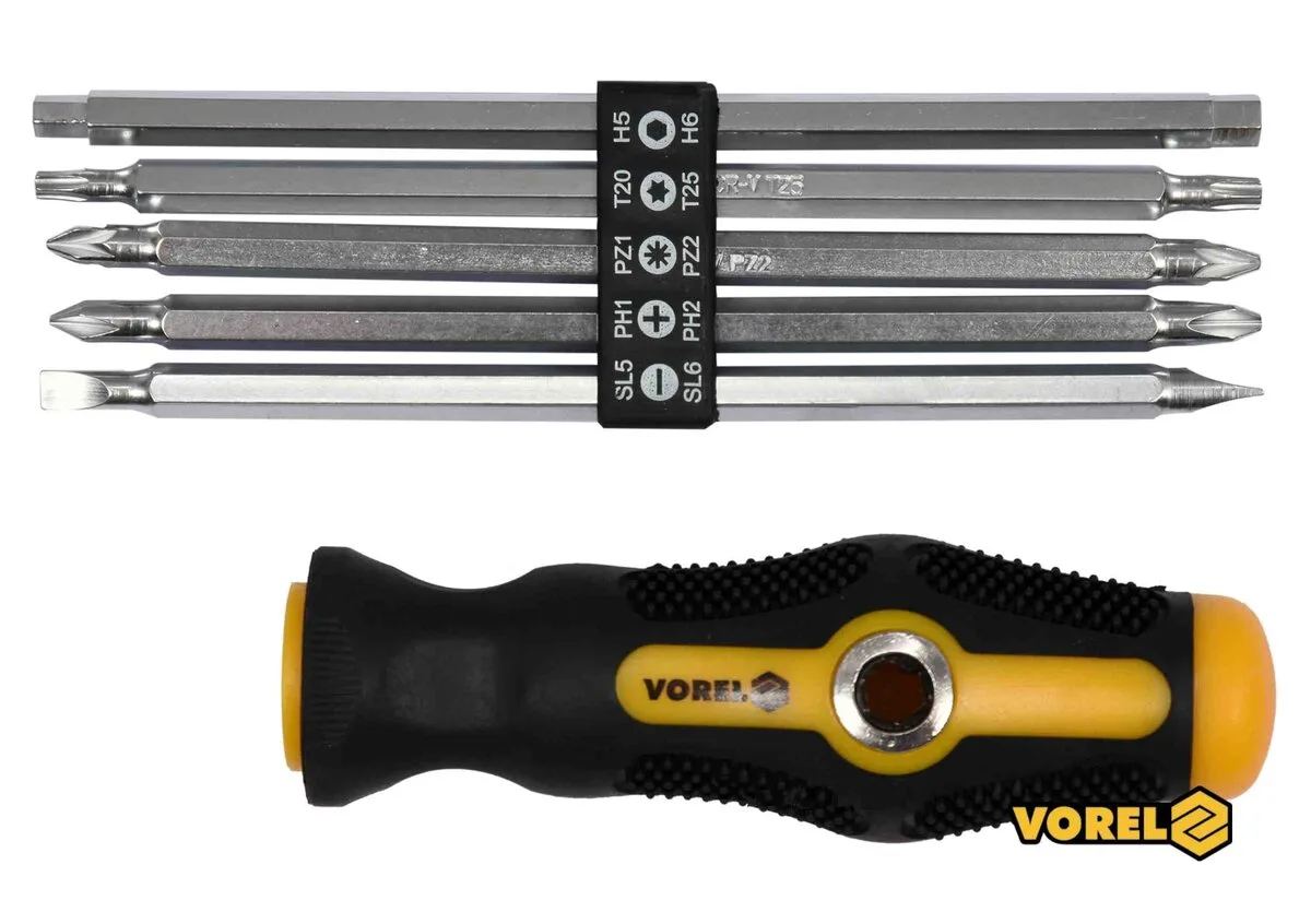 Викрутка двостороння VOREL 64960: L= 175 мм, (5 насадок) SL, PH, PZ, TORX, HEX, Cr-V
