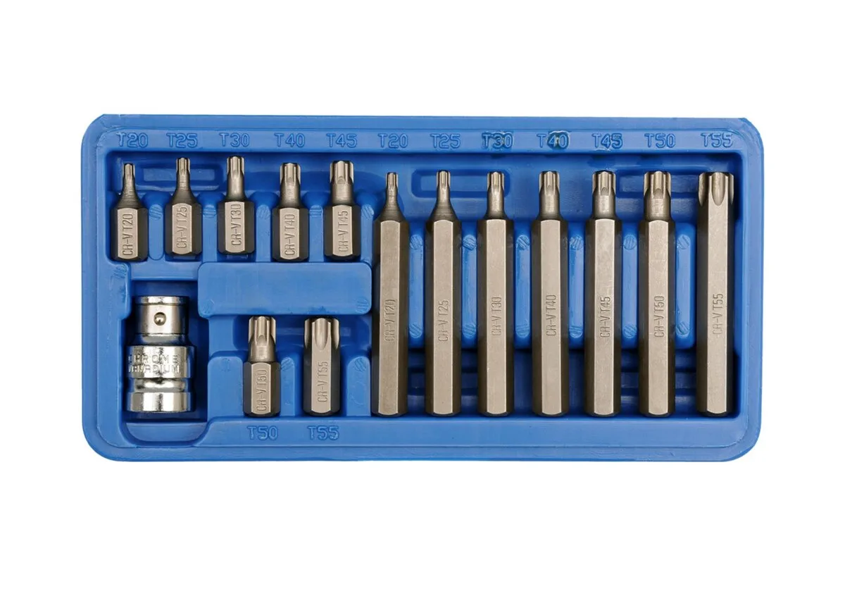 Насадки викруткові VOREL: адаптер квадрат 1/2", "TORX" T20-T55, 30 -75 мм, CrV. Набір 15 шт.