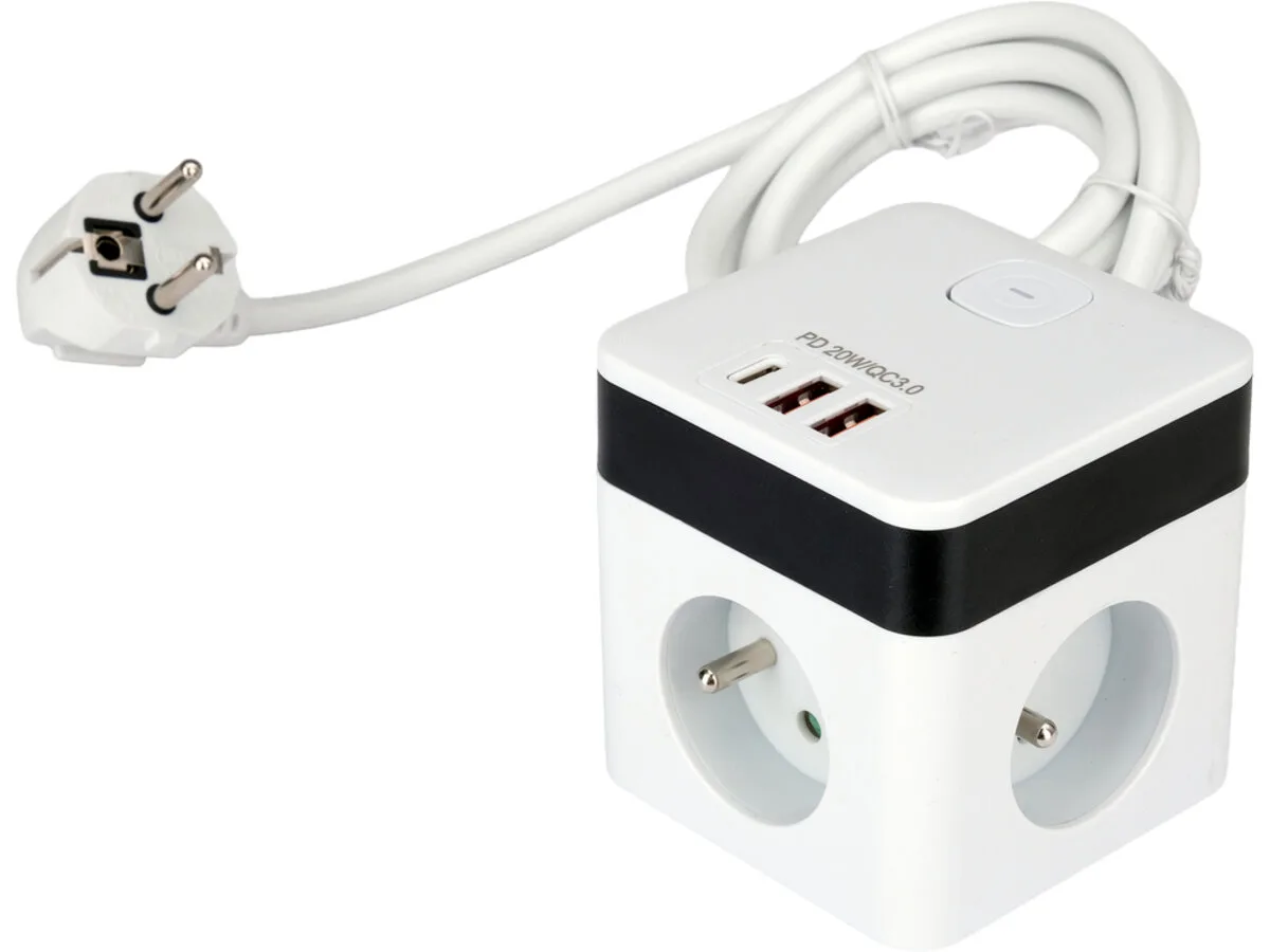 Подовжувач мережев 16А колод з 3 і 3 USB гнізд вмик і зазем, кабель 3-жильн Ø=1,0 мм² l= 1.5 м, STHOR