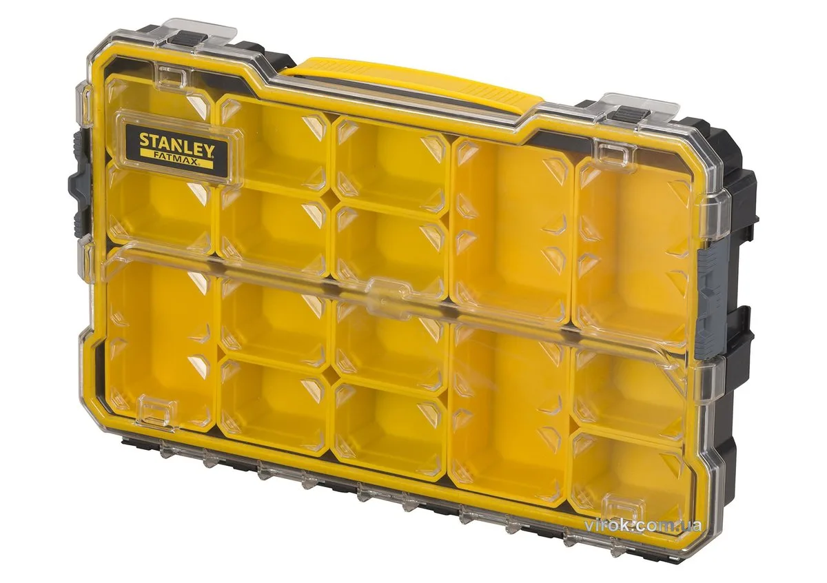 Органайзер 2/3 мілкий з прозорою кришкою "Fatmax Pro"; 14 лотків, 43×27×6,4 см, Stanley