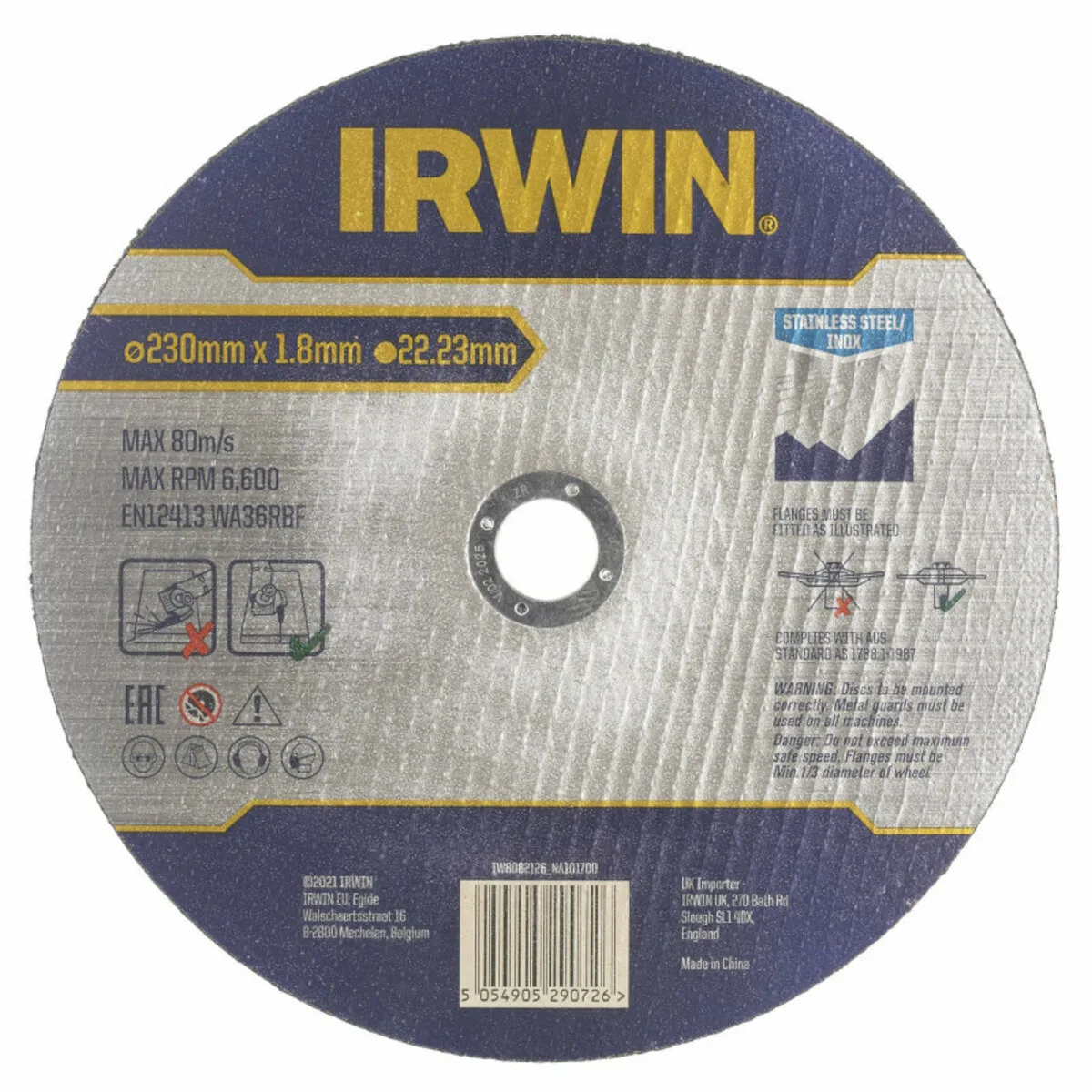 Диск відрізний по нерж. сталі 230×1,8×22,23 мм, IRWIN