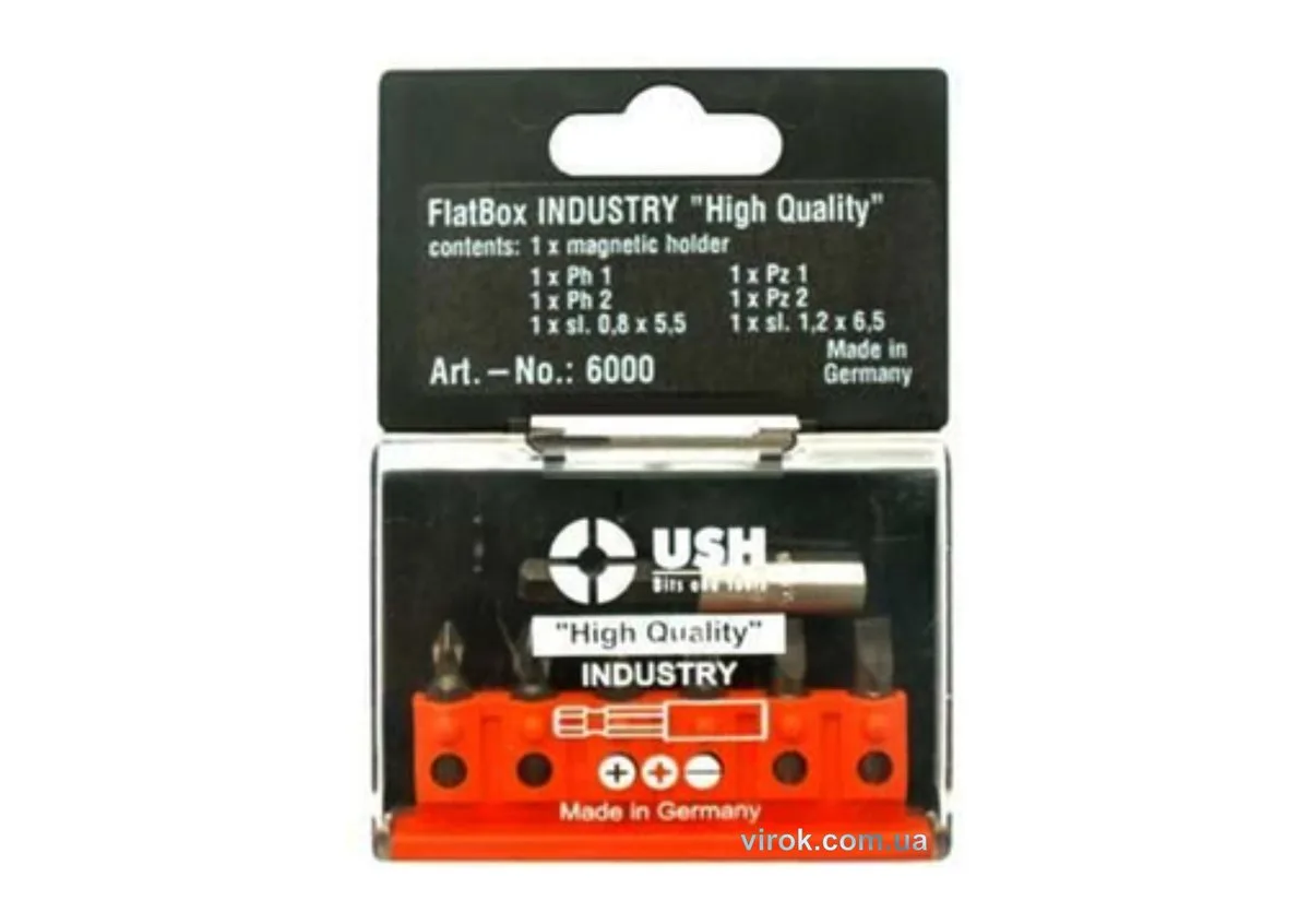 Набір насадок викруткових INDUSTRY Flatbox: PH1-2/PZ1-2/SL0,8-1,2, магнітний тримач, 6+1 елем., USH