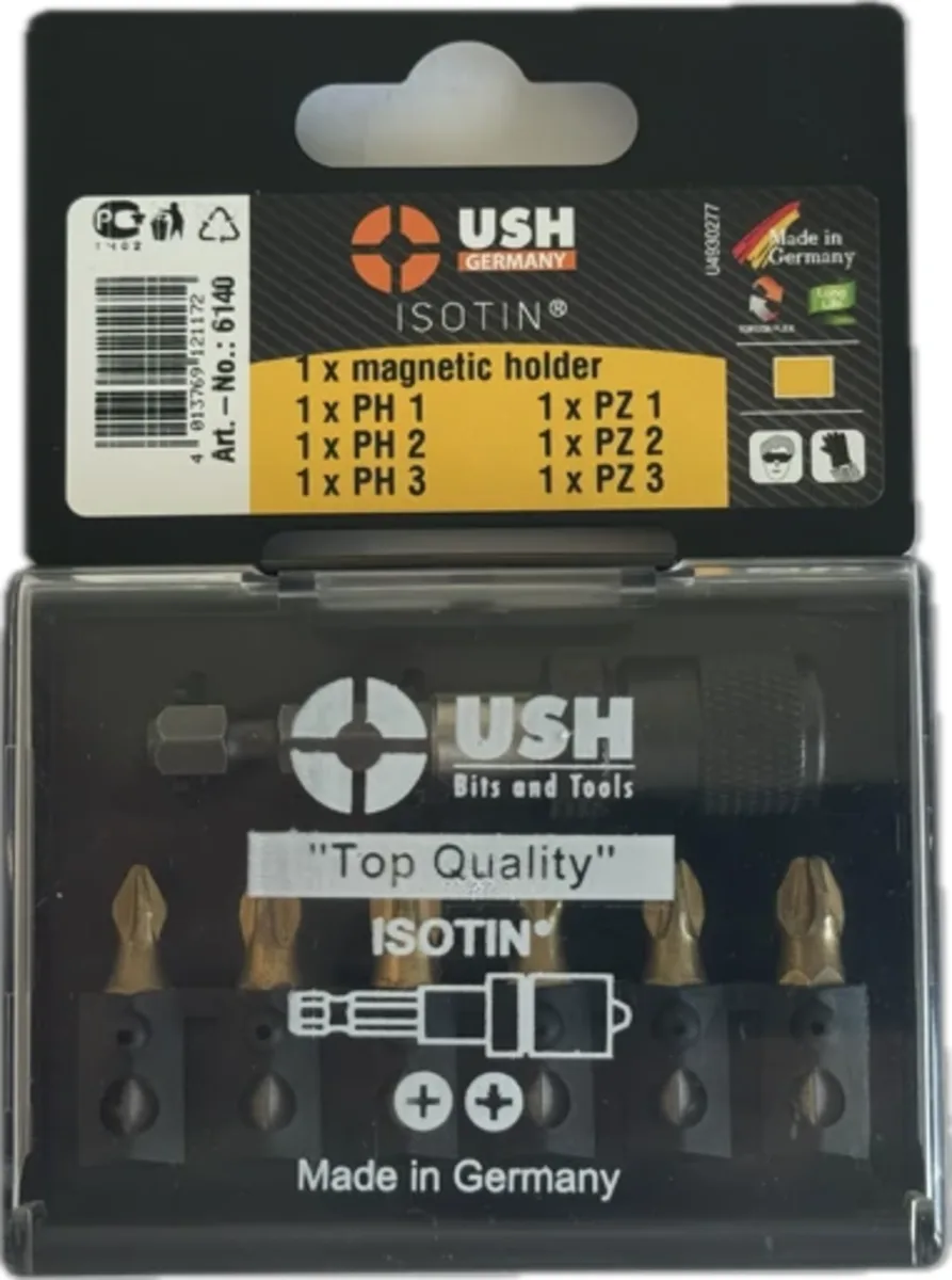 Набір насадок викруткових Isotin: 1/4", PH1, PH2, PH3, PZ1, PZ2, PZ3; магнітний тримач, 7 ел., USH