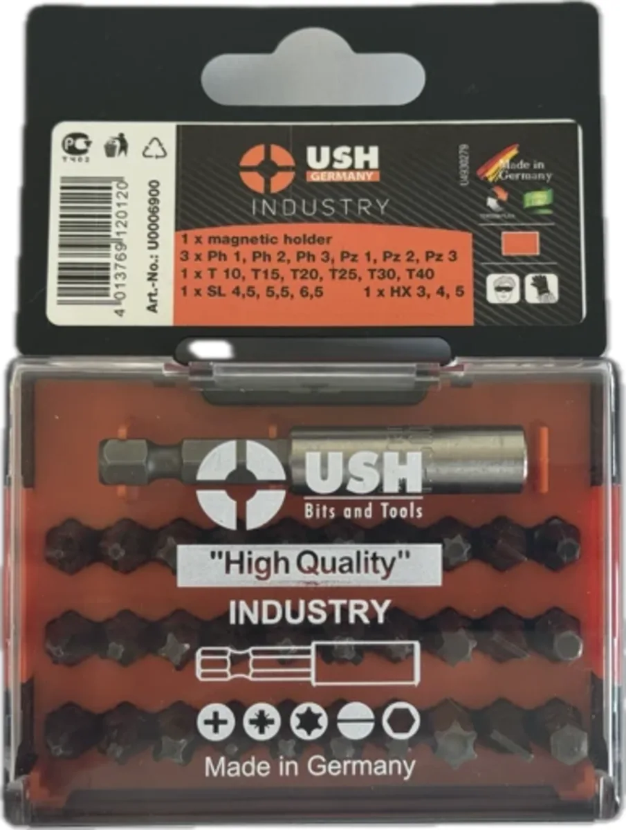 Набір насадок викруткових Industry: 1/4" з магнітним тримачем, PH, PZ, SL, Tx, HEX, 31 ел, USH