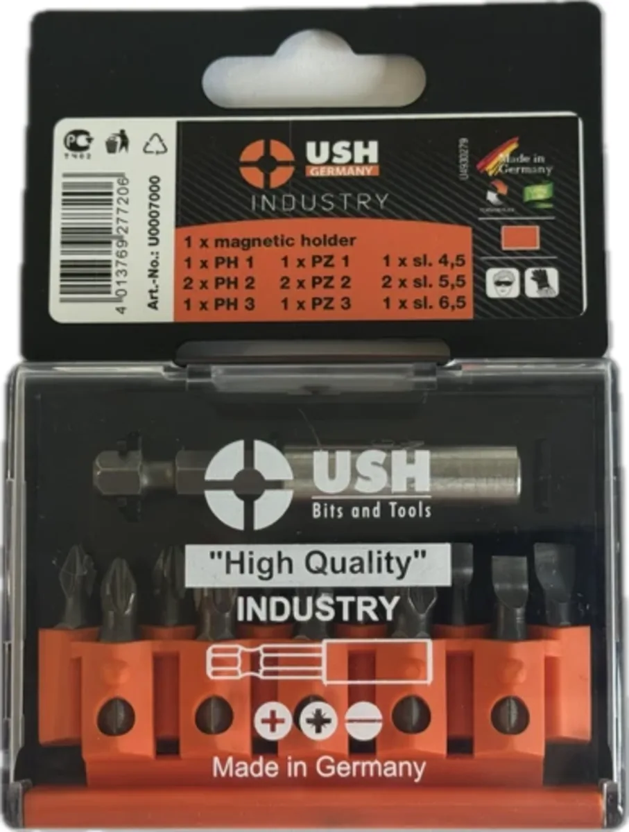 Набір насадок викруткових Industry: 1/4", PH1, 2xPH2, PZ1, 2xPZ2, SL4.5-6.5 магніт тримач, 12ел., USH