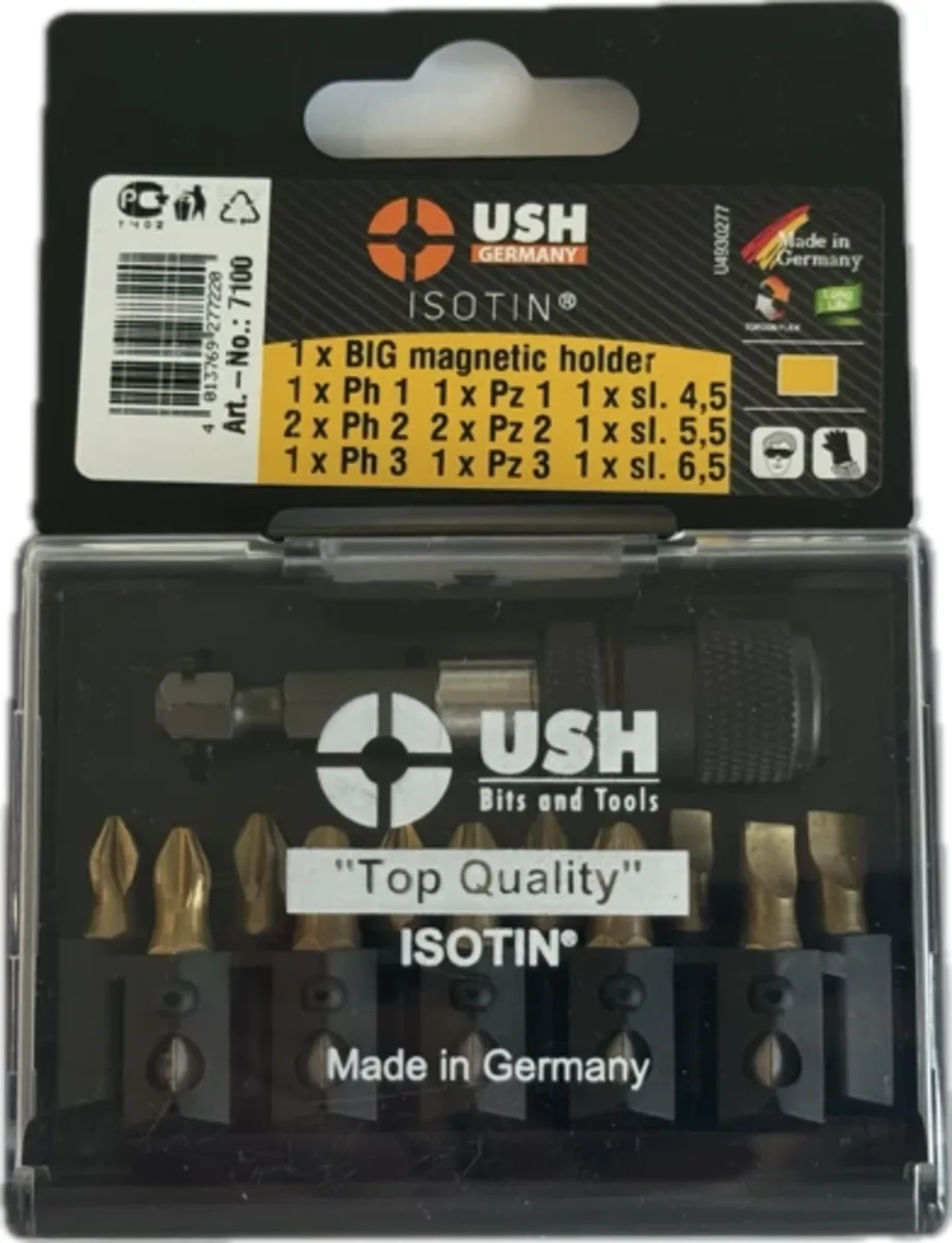 Набір насадок викруткових Isotin: 1/4", PH1, 2xPH2, PZ1, 2xPZ2, SL4.5- 6.5 магнітн тримач, 12ел., USH