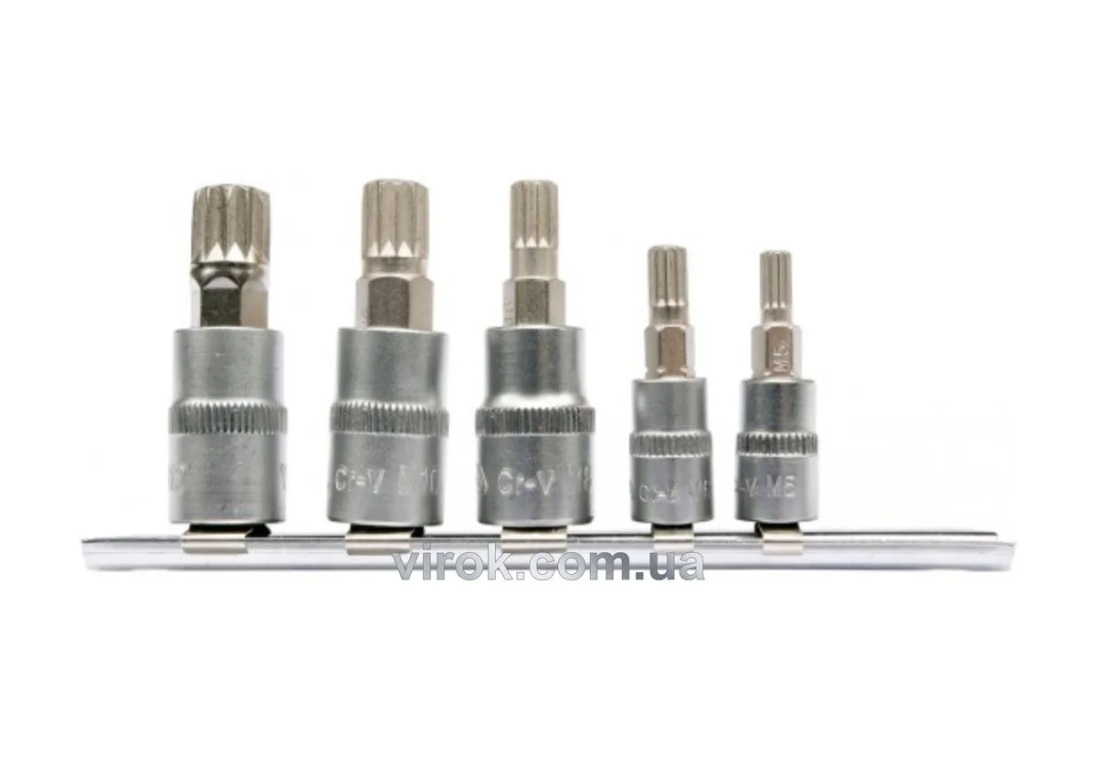 Головки торцеві з насадками: "SPLINE" M5, M6, квадрат 1/4", M8,10,12, квадрат 3/8".Набір 5 шт, YATO
