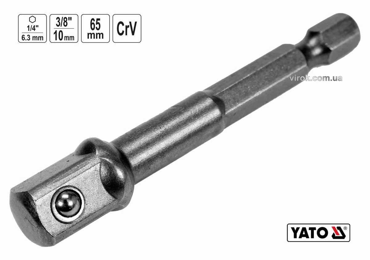 Тримач-адаптер торцевих головок: HEX- 1/4" - квадрат- 3/8", L= 65 мм, Cr-V, YATO