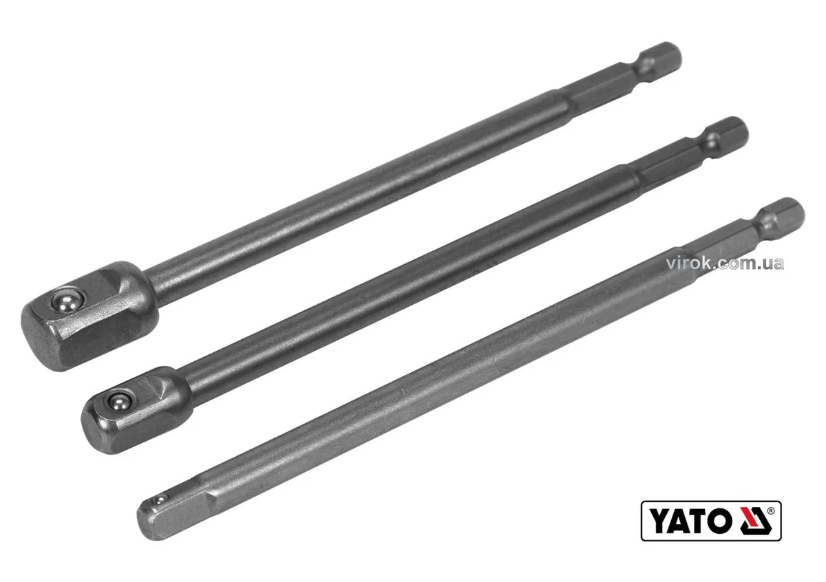 Тримачі-адаптери торцевих головок: квадрат- 1/4", 3/8", 1/2", L=150 мм, HEX-1/4", Cr-V, 3 шт, YATO