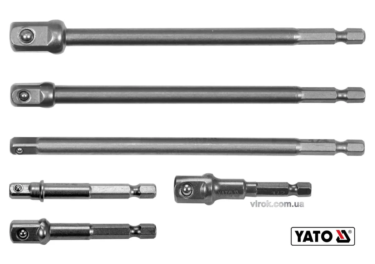 Тримачі-адаптери торцевих головок: квадрат-1/4",3/8",1/2", L=50 і 150 мм, HEX-1/4" Cr-V. 6 шт, YATO