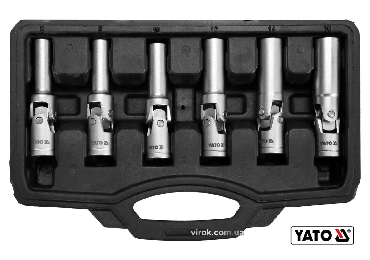 Ключі торцеві для свічок розжарювання: 3/8", 8-16 мм, на шарнірі, Cr-V, 6 шт + кейс, YATO