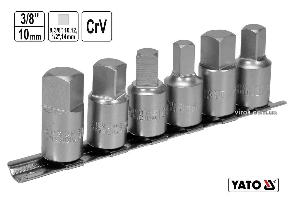 Торцеві насадки для оливозливних пробок YAT: квадрат- 3/8"; 3/8",1/2",8,10,12,14 мм; Cr-V, 6 шт