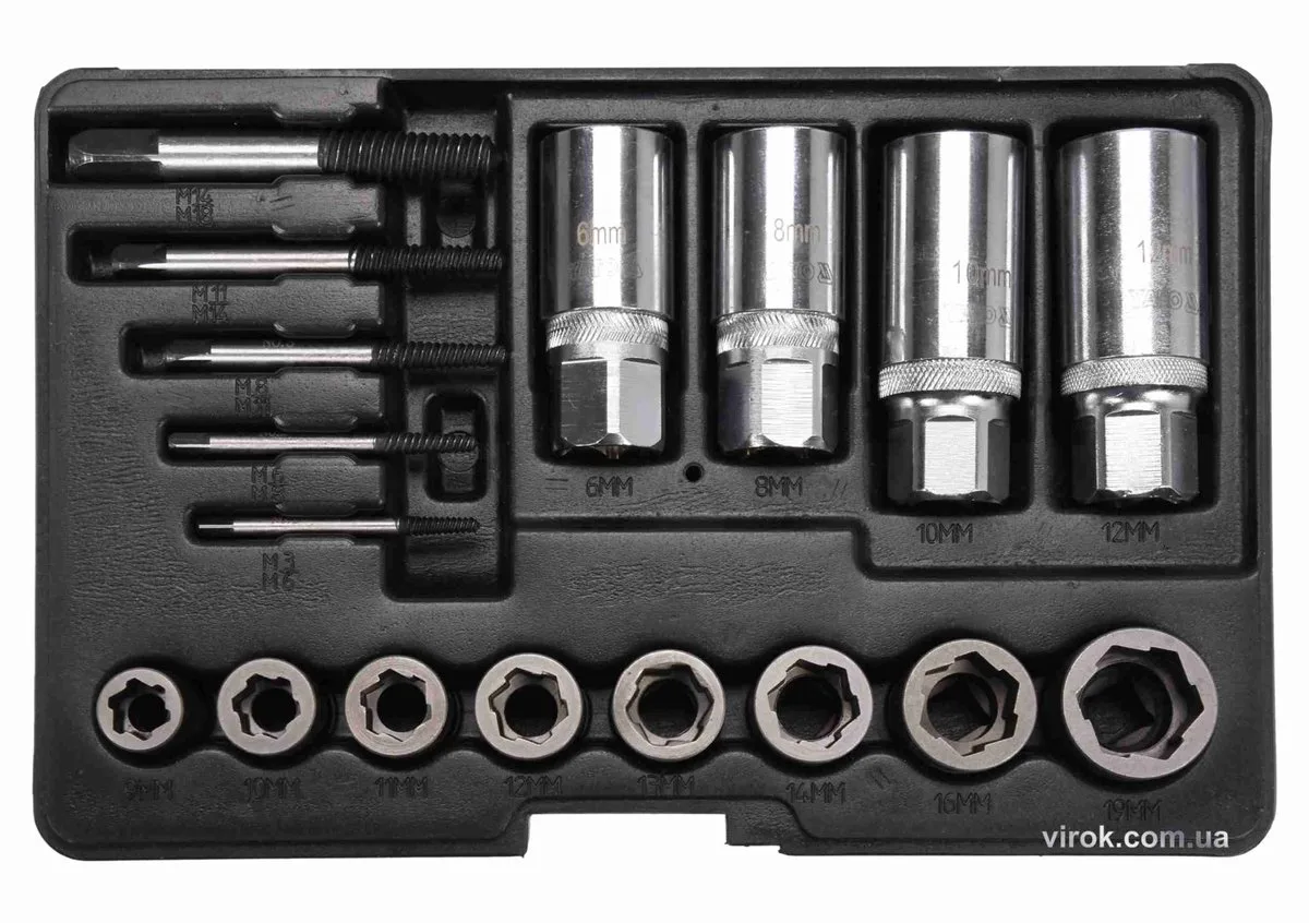 Набір екстракторів: квадрат-1/2" 3/8", CrV і CrMo, для видалення зломаних гвинтів. 17 Од., YATO