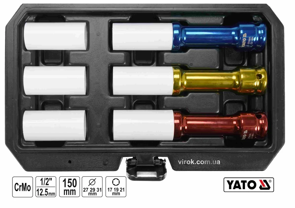 Головки торцеві ударні: квадрат- 1/2", М17,19,21 мм l=150 мм, Cr-Mo, для алюм. дисків 6 Од., YATO