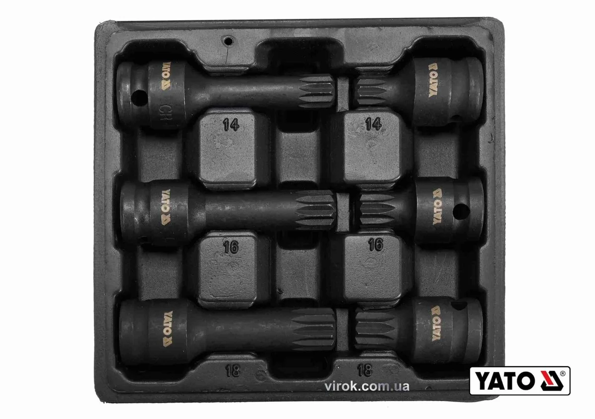 Набір насадок викруткових ударних: SPLINE M14 M16 M18 квадрат 1/2". L= 43/78 мм CrMo, 6 Од., YATO