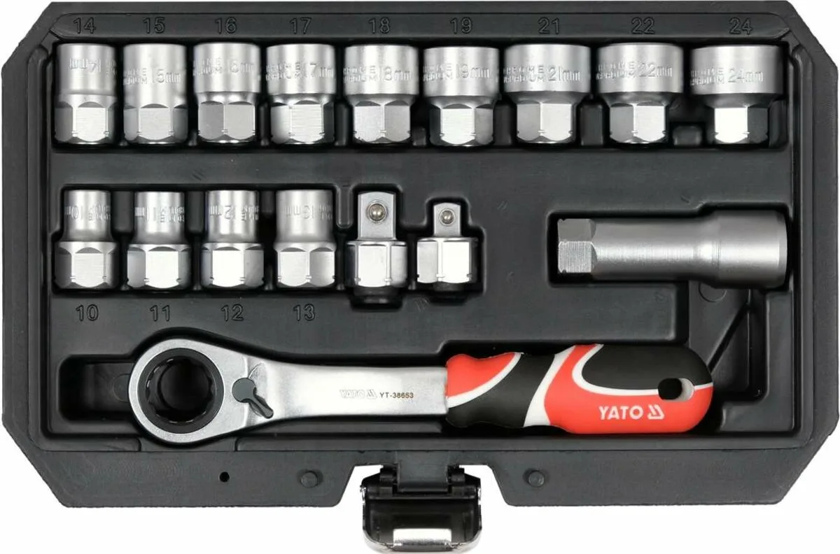Набір головок торцевих наскрізних SPLINE: квадрат 3/8" і 1/2", М10-М24 з храповим воротком, YATO