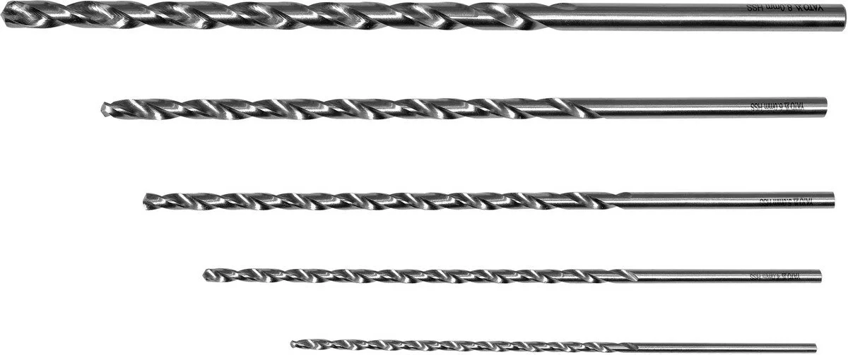 Свердла по металу довгі: HSS, Ø= 3,4, 5,6, 8 мм, l= 150- 240 мм, 5 шт., YATO