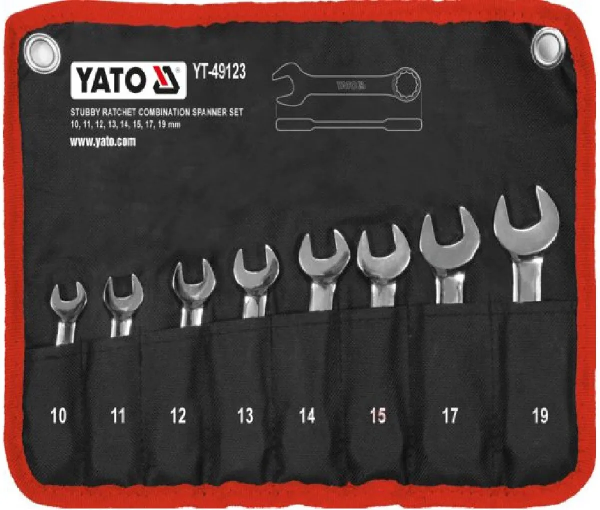 Ключі комбіновані короткі з "тріскачкою" Cr-V, М10, 11, 12, 13, 14, 15, 17, 19 мм, 8 шт., YATO