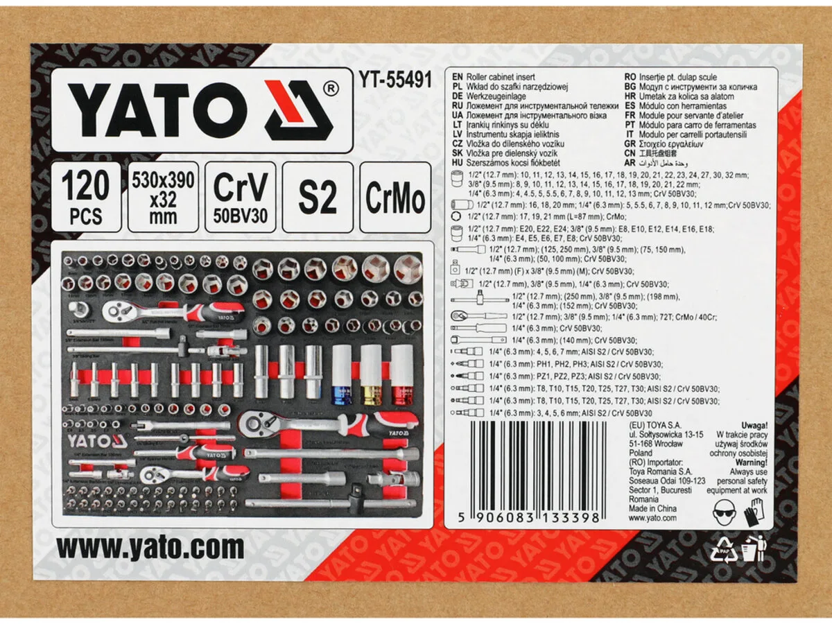 Вклад до інструментальної шафи торц насадки з ключами до кв 1/4" 3/8" 1/2", 530×390×32 мм 12 ел, YATO
