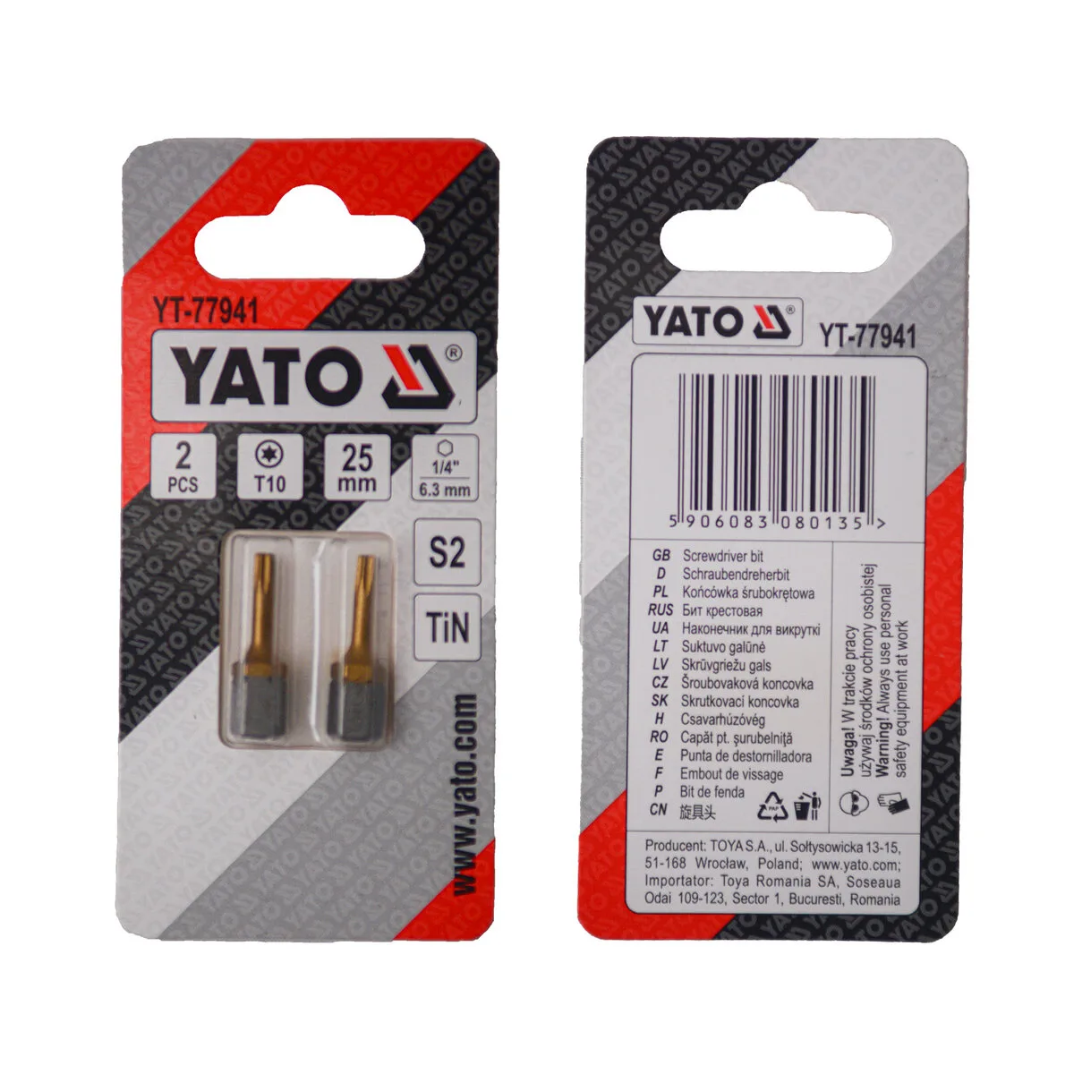 Насадка викруткова TORX T10×25 мм. HEX 1/4", покрита титаном, 2 шт., YATO