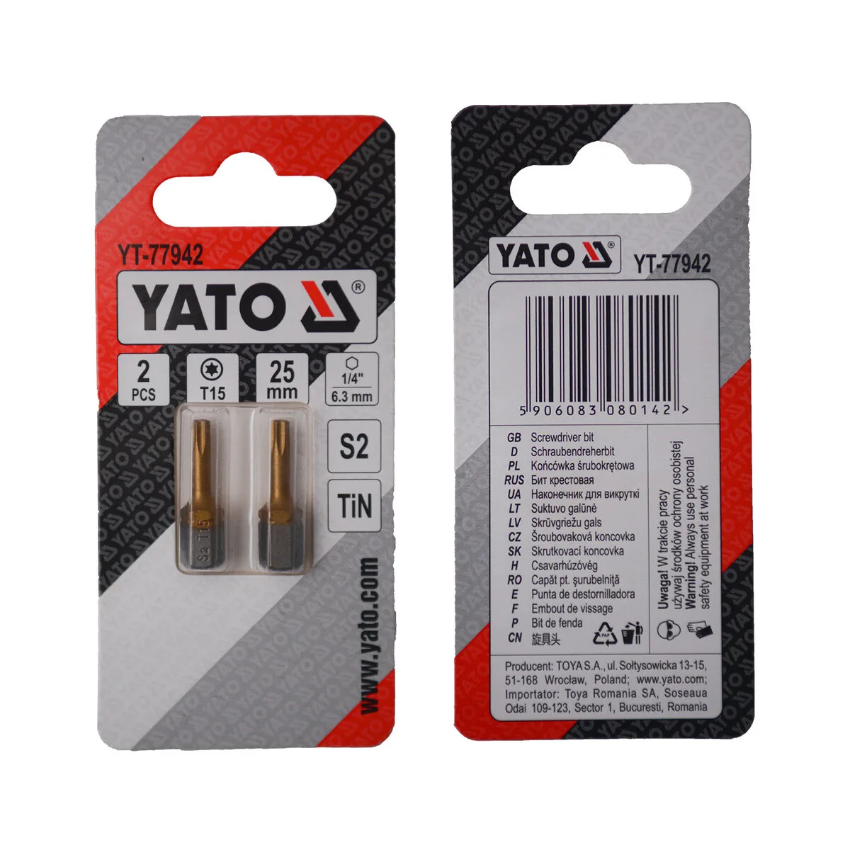 Насадка викруткова TORX T15×25 мм. HEX 1/4", покрита титаном, 2 шт, YATO