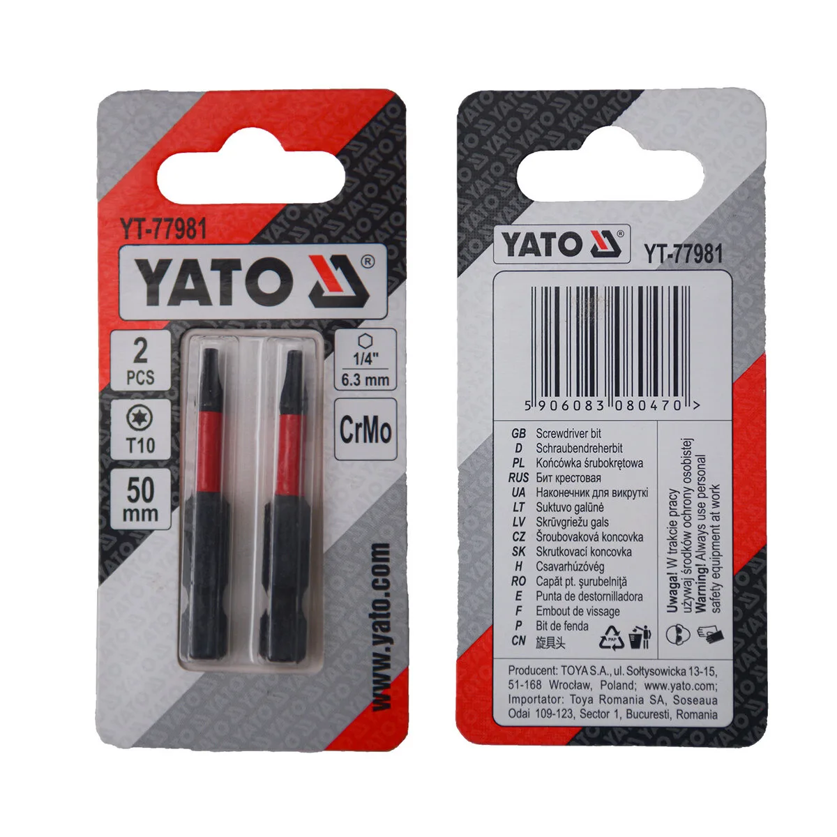 Насадка викруткова TORX T10×50 мм HEX 1/4", хром-молібден, 2 шт., YATO