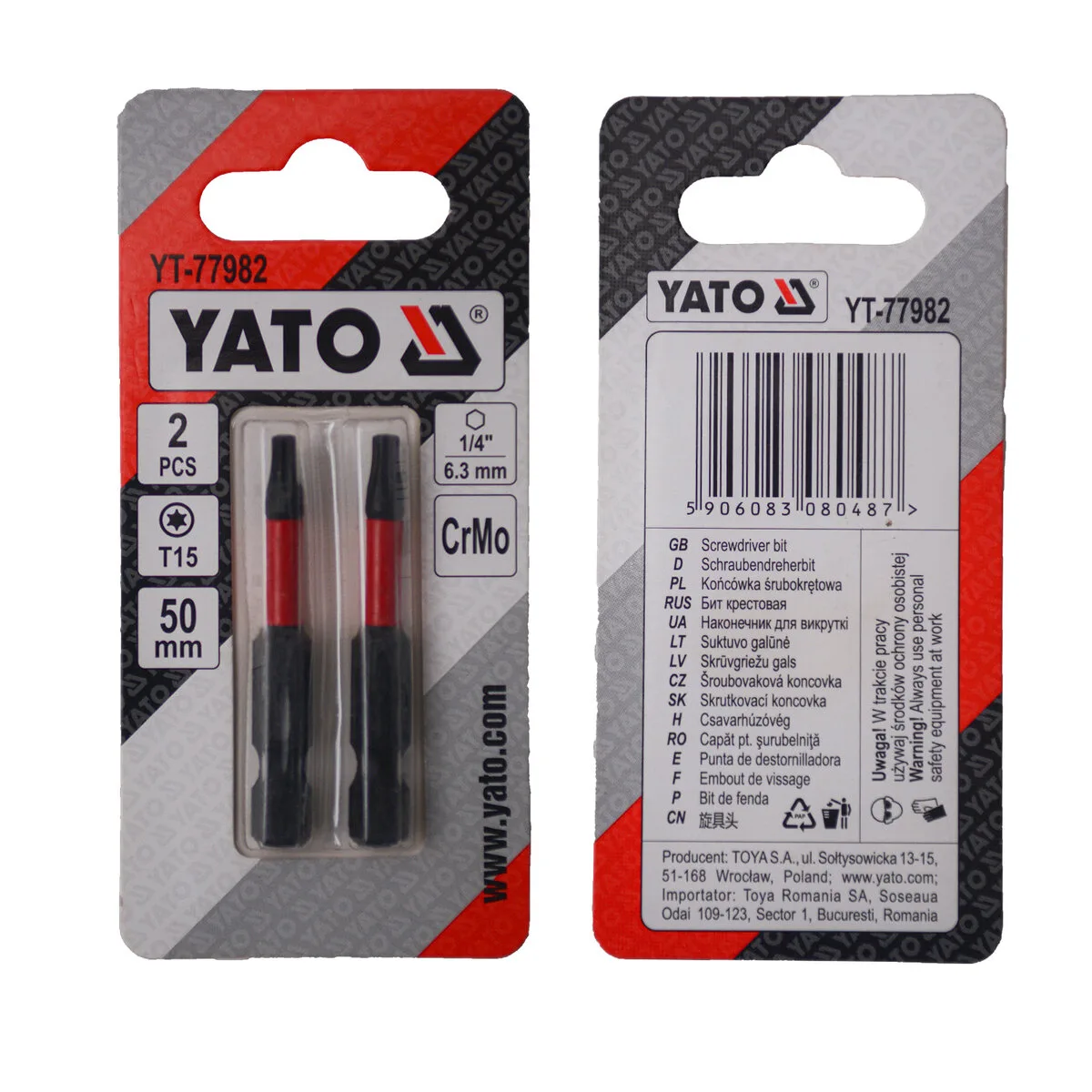 Насадка викруткова TORX T15×50 мм. HEX 1/4", хром-молібден, 2 шт., YATO