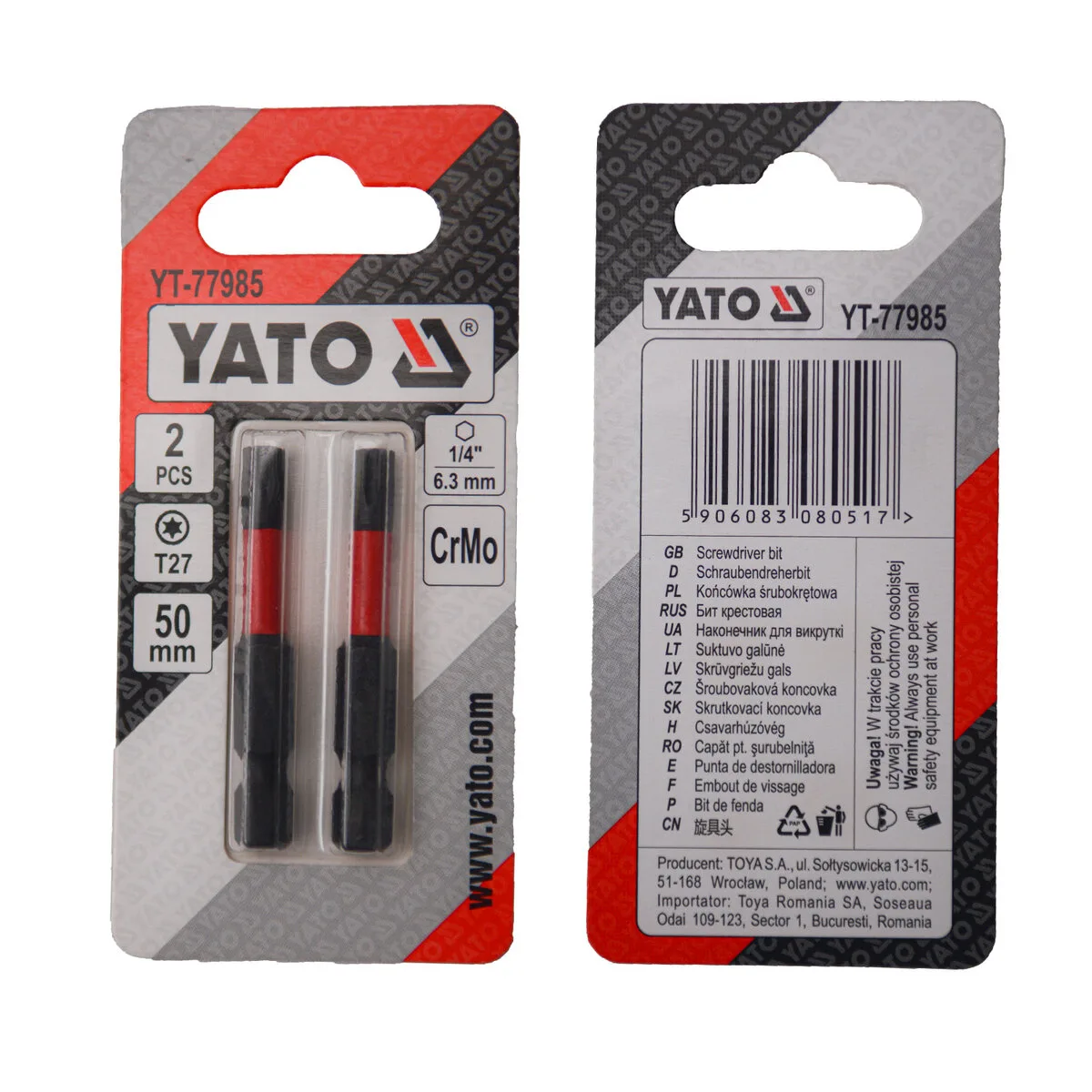 Насадка викруткова TORX T27×50 мм. HEX 1/4", хром-молібден, 2 шт., YATO