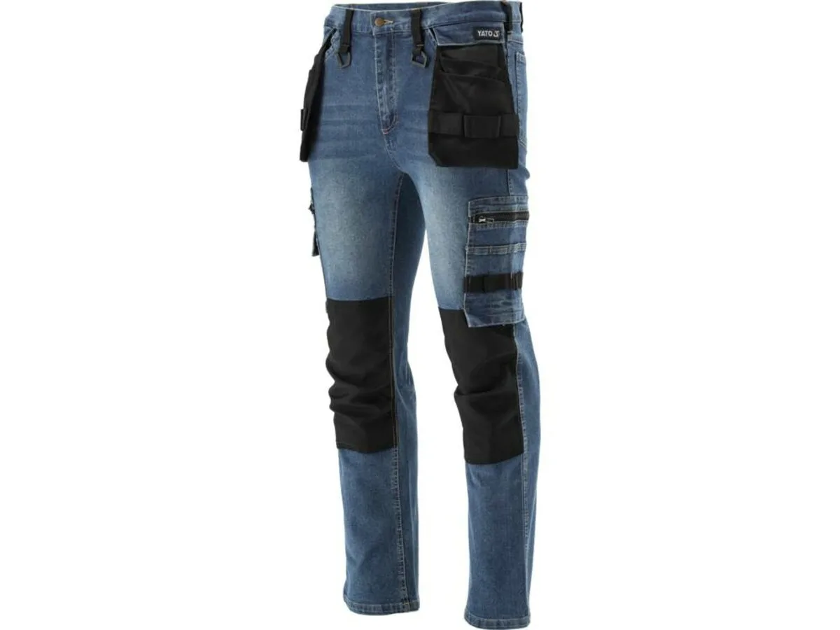 Штани робочі джинс стрейч розмір L/XL- 98-106 см, ріст- 180-188 см, тем-сині, 17 кишень, 71%, YATO