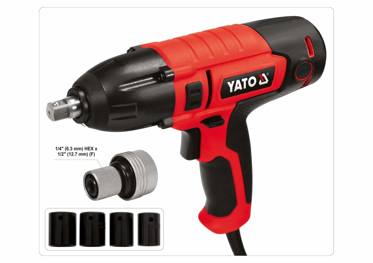 Гайковерт ударний мережевий: 1/4" HEX x1/2" F, 450Вт, 450Нм, 3300 об/хв + 4 головки і кейс, YATO
