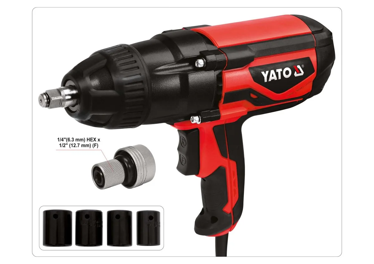 Гайковерт ударний мережевий: 1/4" HEX x 1/2" F, 1020Вт, 600Нм, 2600 об/хв +4 головки і кейс, YATO