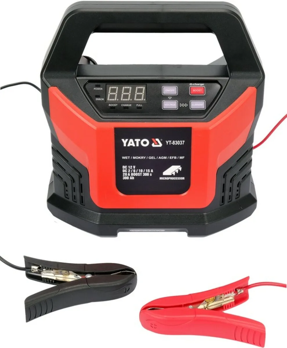 Зарядний прилад з LCD дисплеєм від мережі 230 В до акумулят 12V; 2,6,10,15 А, макс. 300АГод, YATO