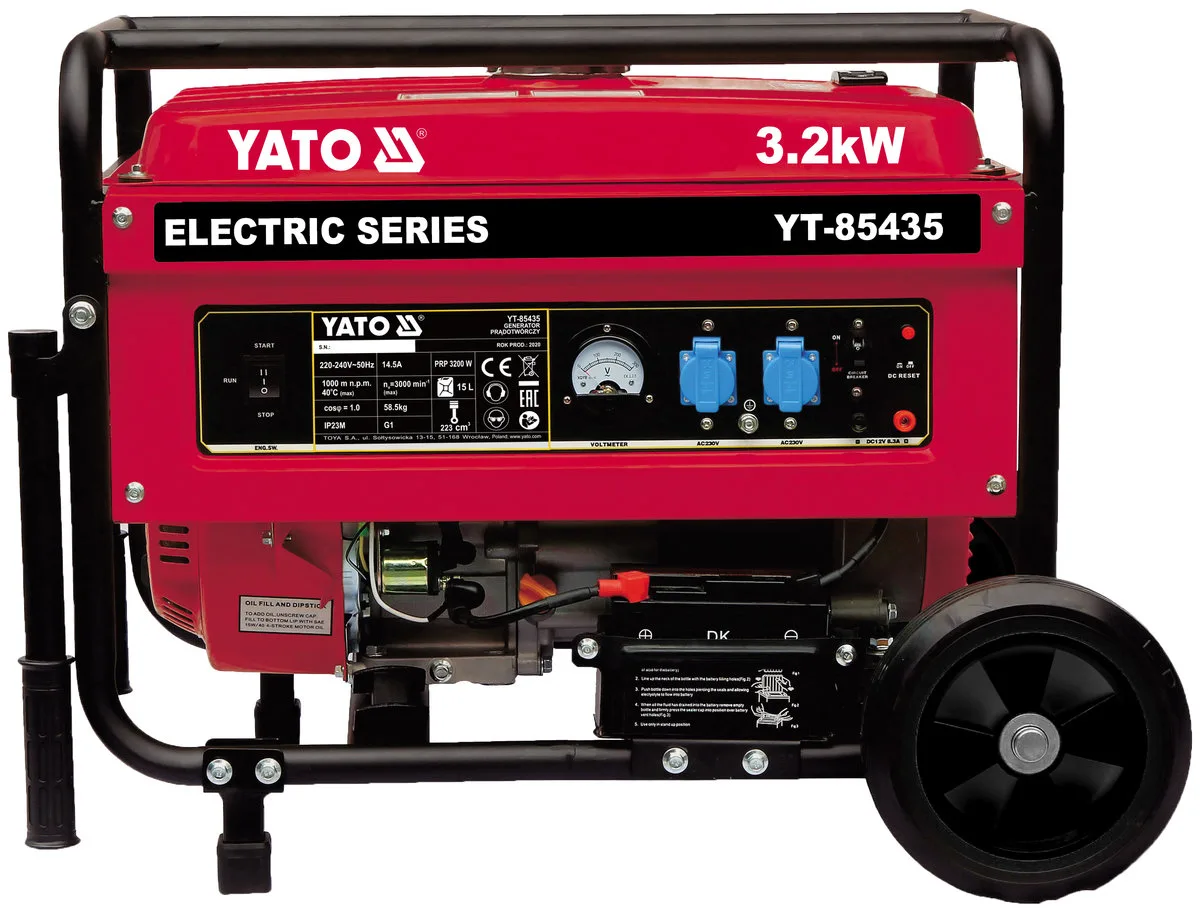 Генератор струму бензиновий: P= 3.2 кВт, U= 230V AC і 12V DC, витрата- 1.45 л/г, бак- 15 л, YATO